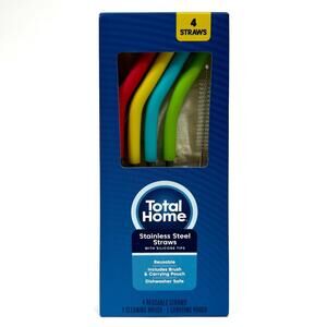 Total Home Reusable Stainless Steel Straws with Colorful Silicone Tips & Brush